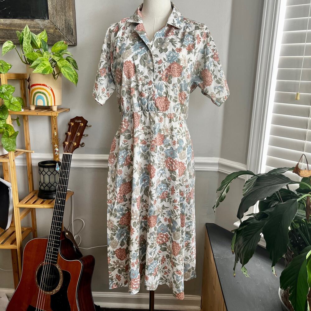 Vintage 90s A-Line Dress Neutral Mauve Blue Floral Bohemian Size Medium